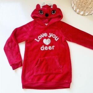 Love You ❤️ Deer Fleece Longer Hoodie In Holiday Red